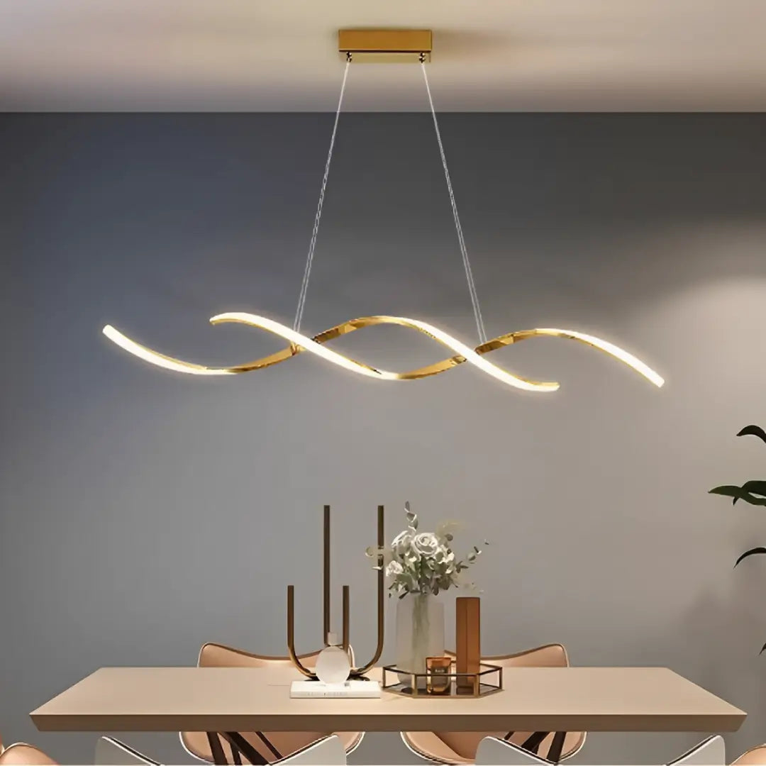 luminaria-de-teto-lustre-pendente-led-moderno-modernize-foto-frente-pendurado-no-teto-iluminando-sala-de-jantar-aluminio-metal-rose-gold